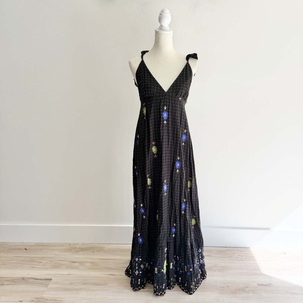 By Anthropologie V-Neck Embroidered Maxi Dress Black Small